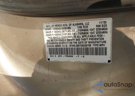 2006 Honda Odyssey Touring from USA, damaged, VIN 5FNRL38876B039799